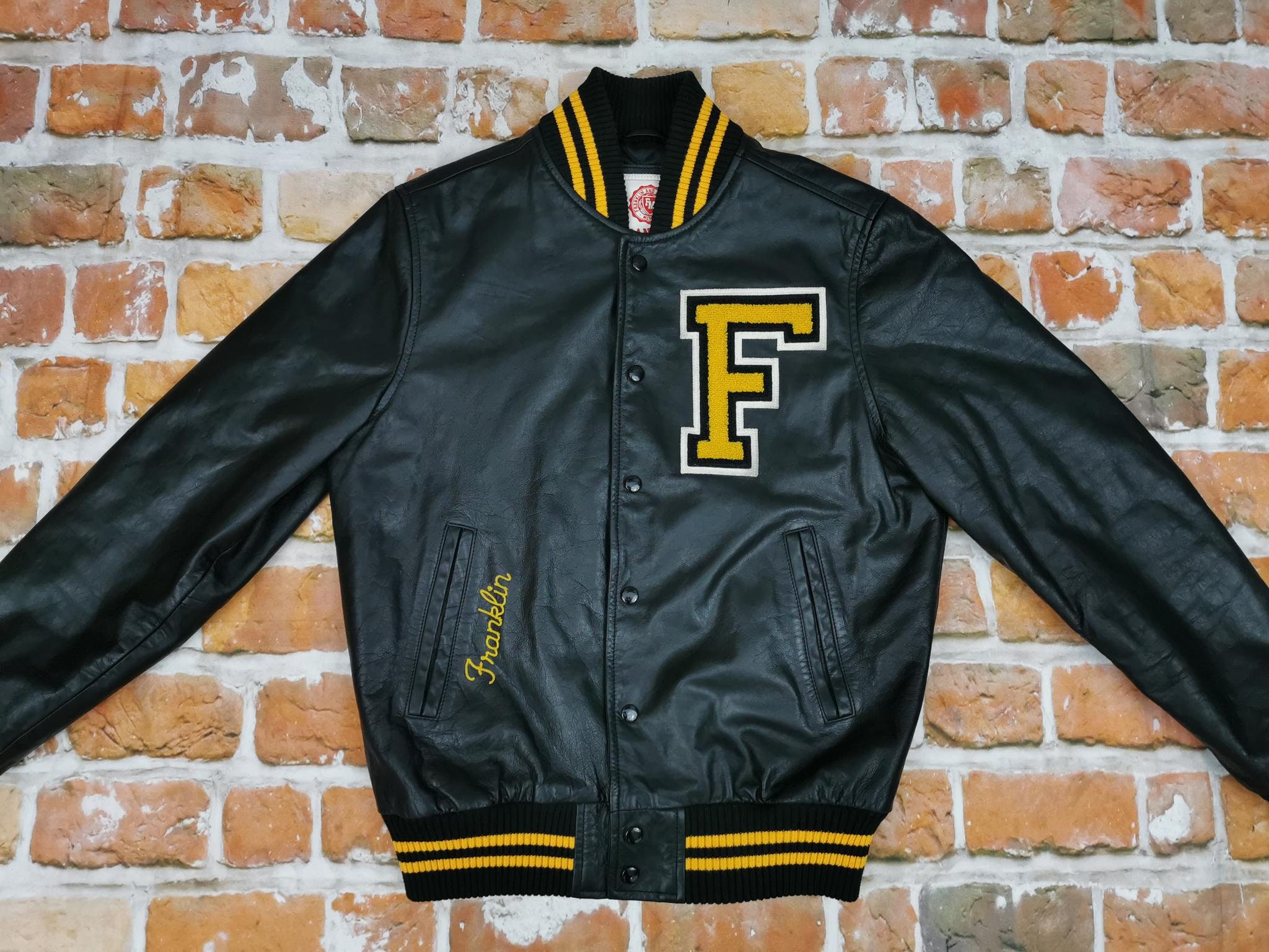 Franklin and Marshall Varsity Leather Jacket Vintage Black Casual