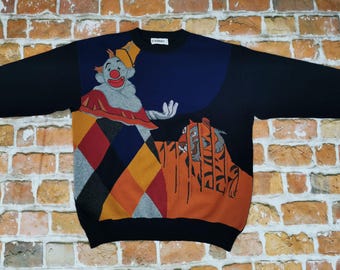 Sudadera Iceberg Vintage azul, payaso de circo, tigre, cómic, informal y colorida.