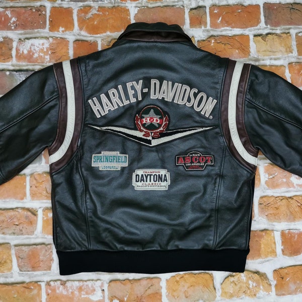 Harley Davidson Usa Vintage College Leather Jacket Black Biker Daytona Casual Motorcycle