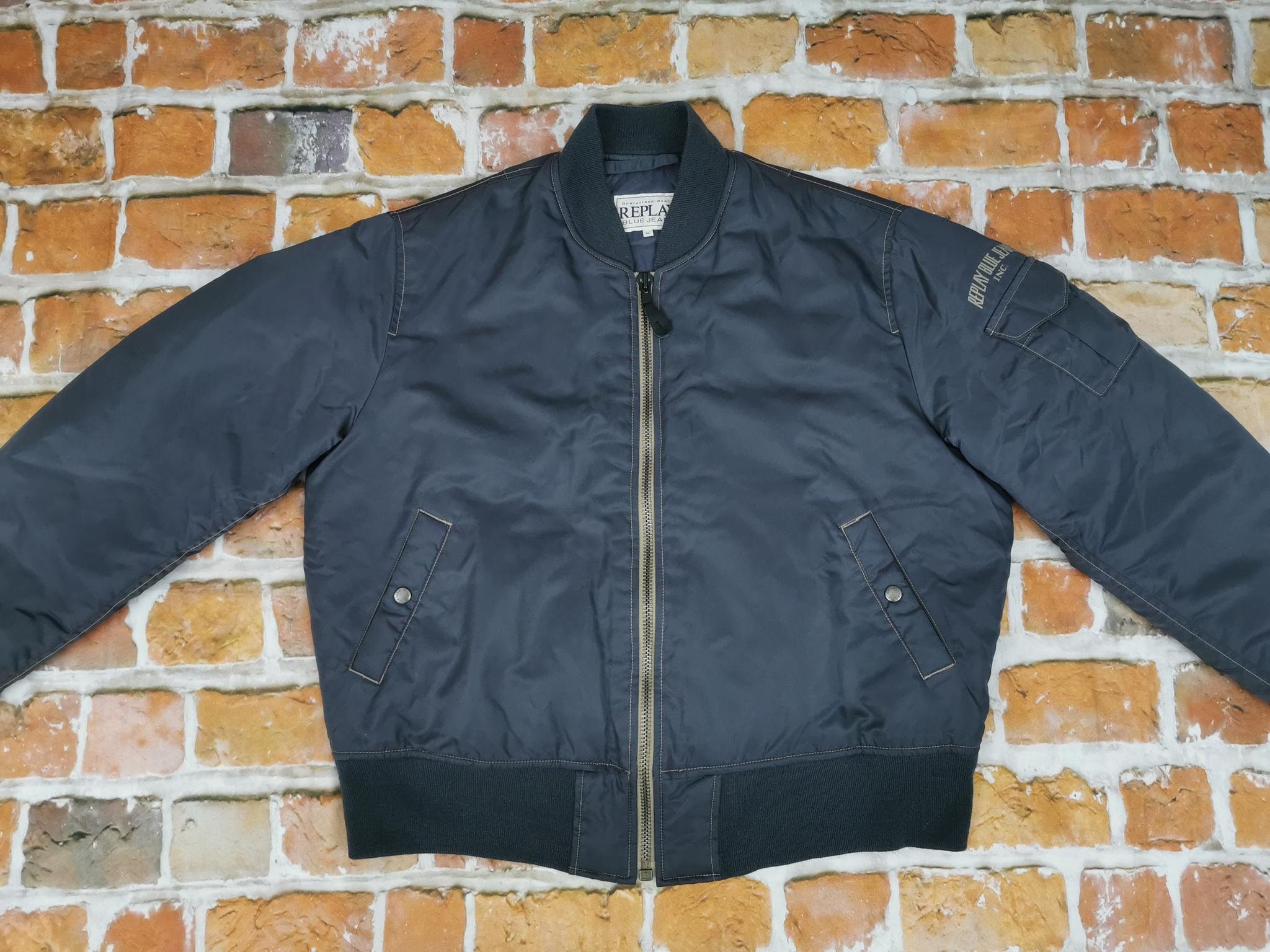 Replay Blue Jeans Vintage Aviator Bomber Jacket Grey Blue Ma1 