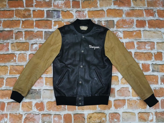 Chevignon Vintage Leather Jacket Round Neck Beige Black Casual - Etsy