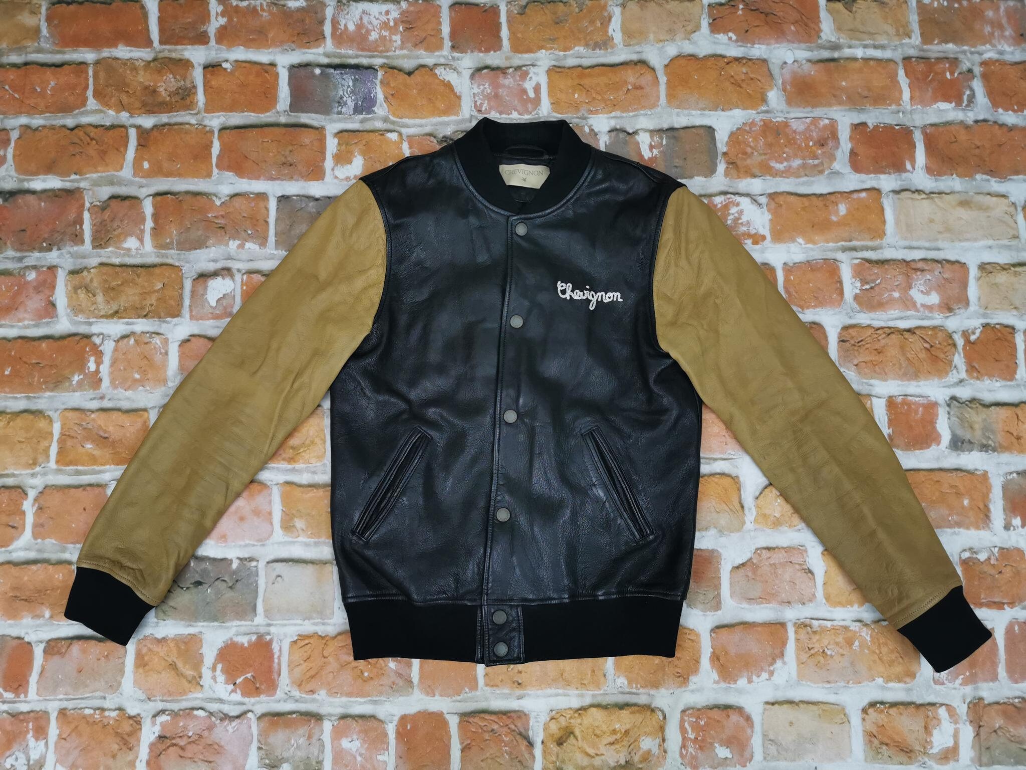 Chevignon Vintage Leather Jacket Round Neck Beige Black Casual - Etsy