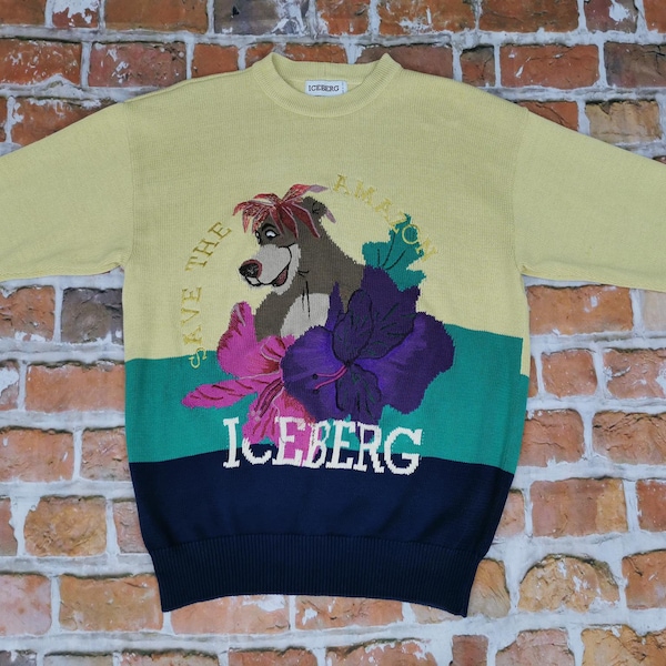 Pull vintage Iceberg Baloo l'ours Save The AMAZON JUNGLE BOOK bande dessinée jaune Disney casual