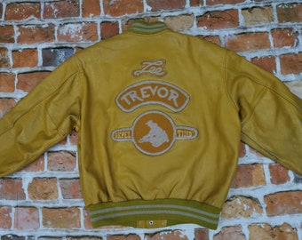 Lee Trevor Varsity Usa Giacca in pelle Giallo Vintage REPEL TIZED Casual