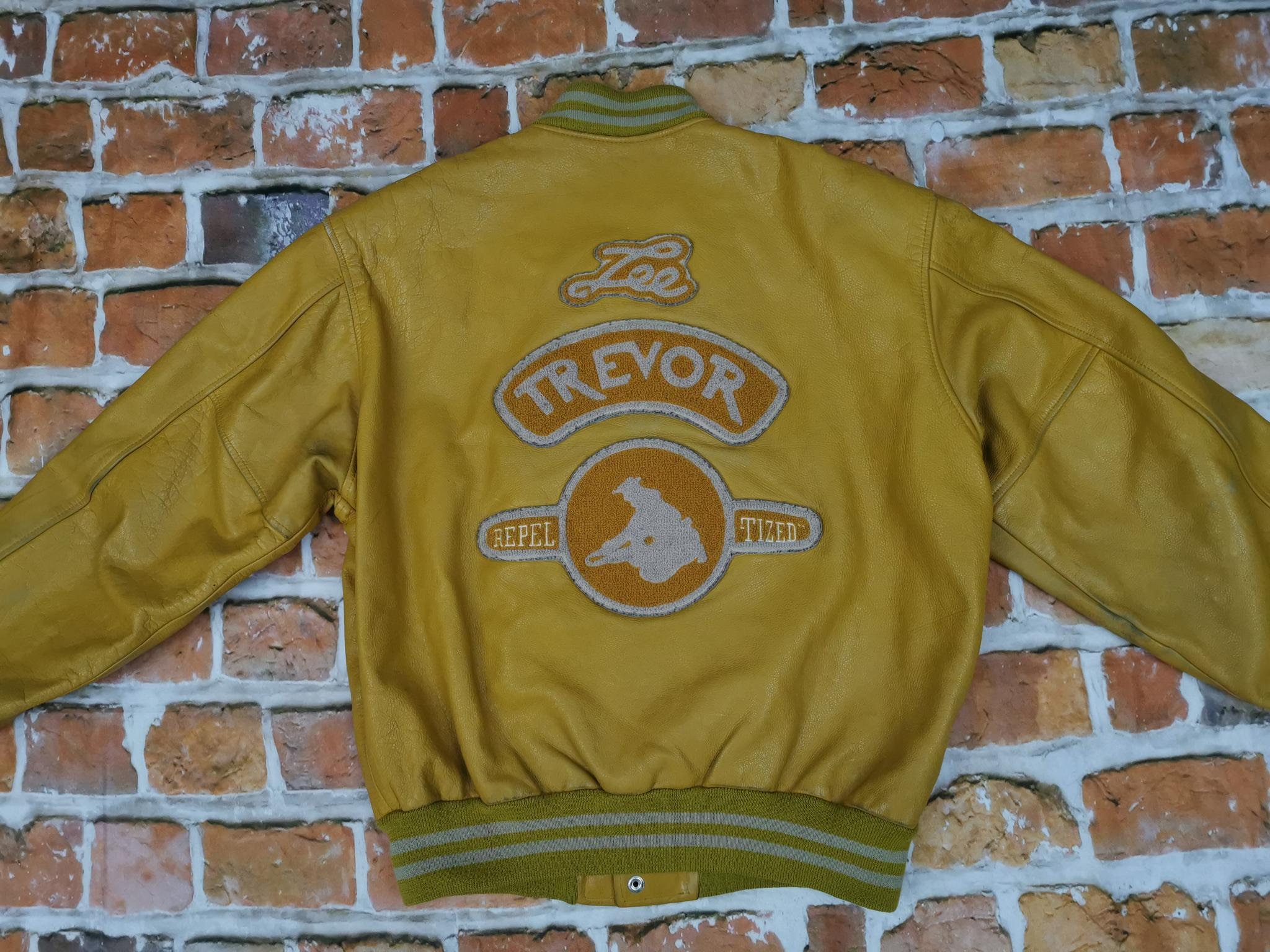 Lee Trevor Varsity Usa Leather Jacket Yellow Vintage REPEL TIZED