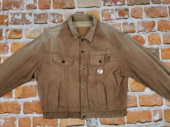 Chevignon Vintage Leather Jacket Western Cowboy Denim Jackets Style Casual Red Brown Fireplace
