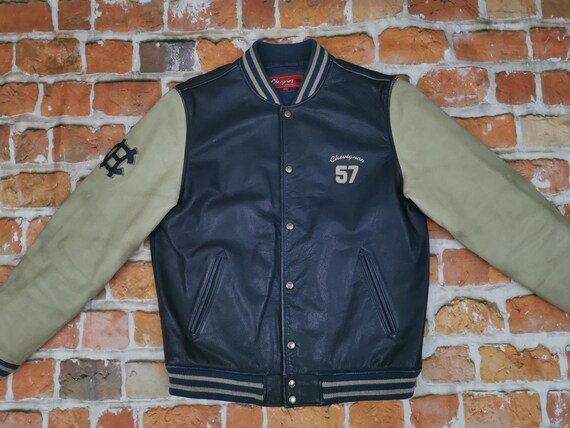 Chevignon Vintage Leather Jacket 1957 Sky League Champs Blue Beige Casual