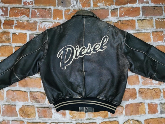 Diesel vintage leather jacket script stone gray c… - image 1