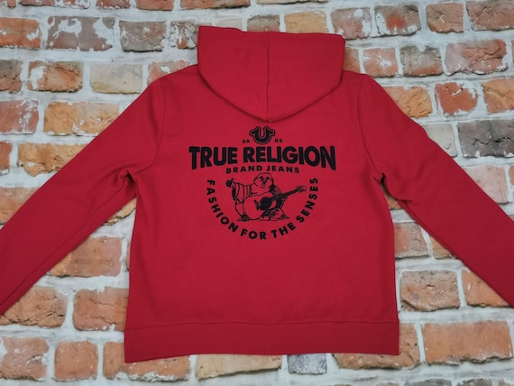 True Religion Women Vintage Hooded Sweater Jacket Fire Red Casual