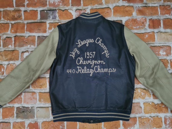 Chevignon Vintage Leather Jacket 1957 Sky League Champs Blue Beige Casual