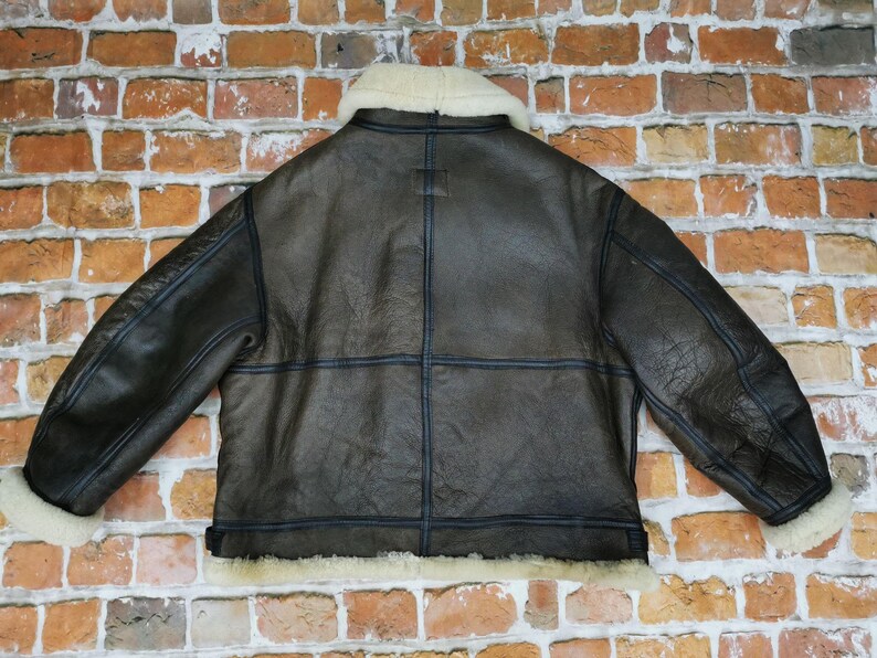 Pu&ograve; includere: Giacca in pelle marrone con colletto e polsini in montone color crema. La giacca presenta cuciture blu scuro e un classico stile aviatore. Il retro della giacca &egrave; visibile, mostrando le cuciture e i pannelli.