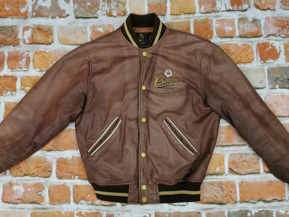 Chevignon Vintage Leather Jacket Flyers Brown Varsity Iowa Chevignon Vintage Leather Jacket Flyers Brown Varsity Iowa