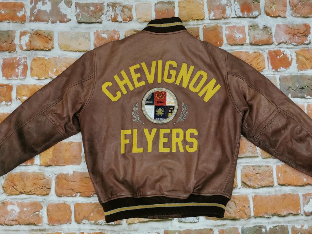 Chevignon Vintage Leather Jacket Flyers Brown Varsity Iowa Chevignon Vintage Leather Jacket Flyers Brown Varsity Iowa