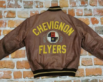 Chevignon Vintage Leather Jacket Flyers Brown Varsity Iowa Casual