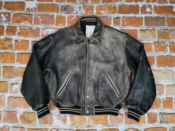 Diesel vintage leather jacket script stone gray c… - image 4