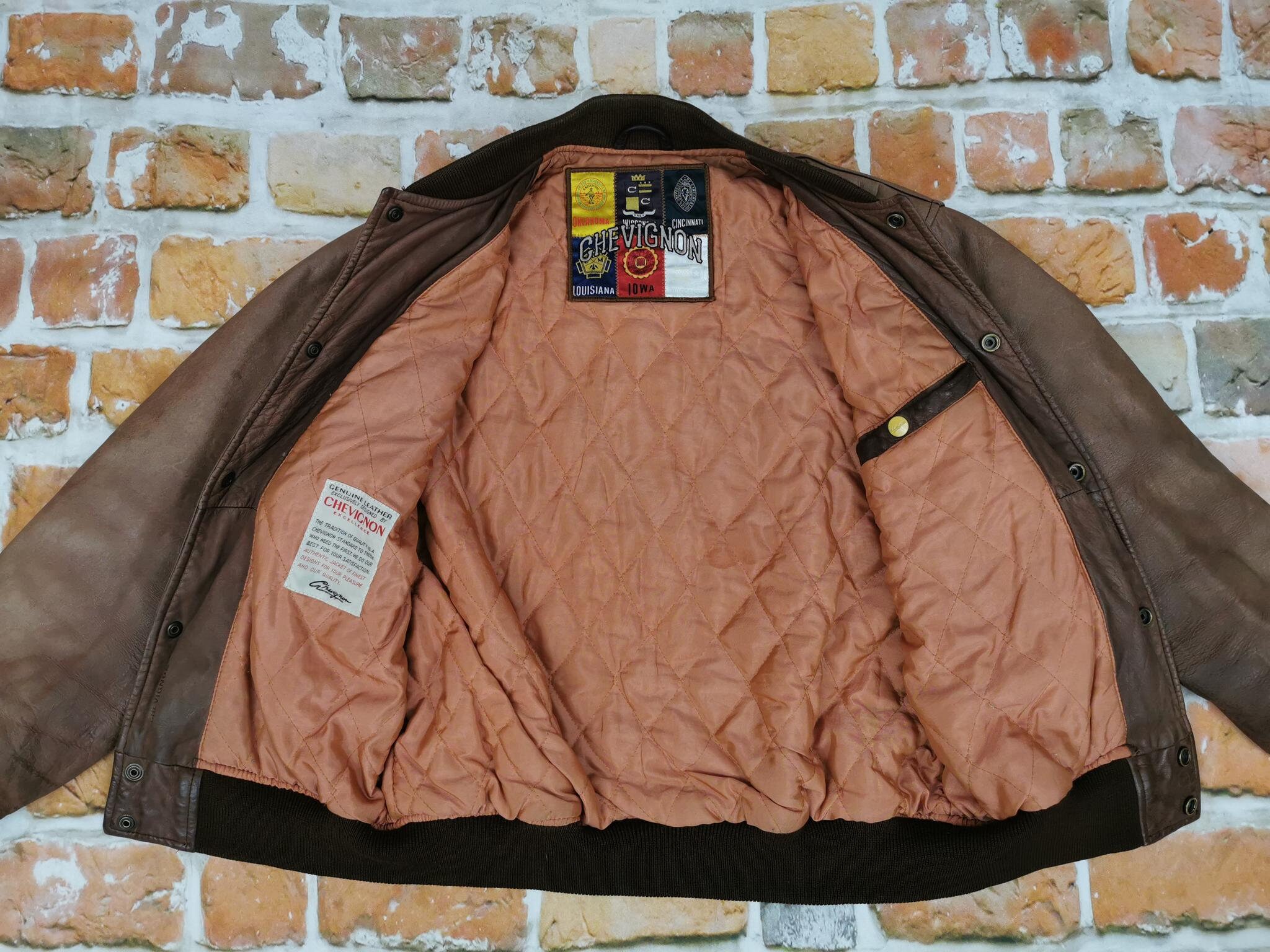 Chevignon Vintage Leather Jacket Flyers Brown Varsity Iowa Chevignon Vintage Leather Jacket Flyers Brown Varsity Iowa