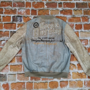 Chevignon vintage leather jacket KEEP IT BURNING light blue beige used look casual