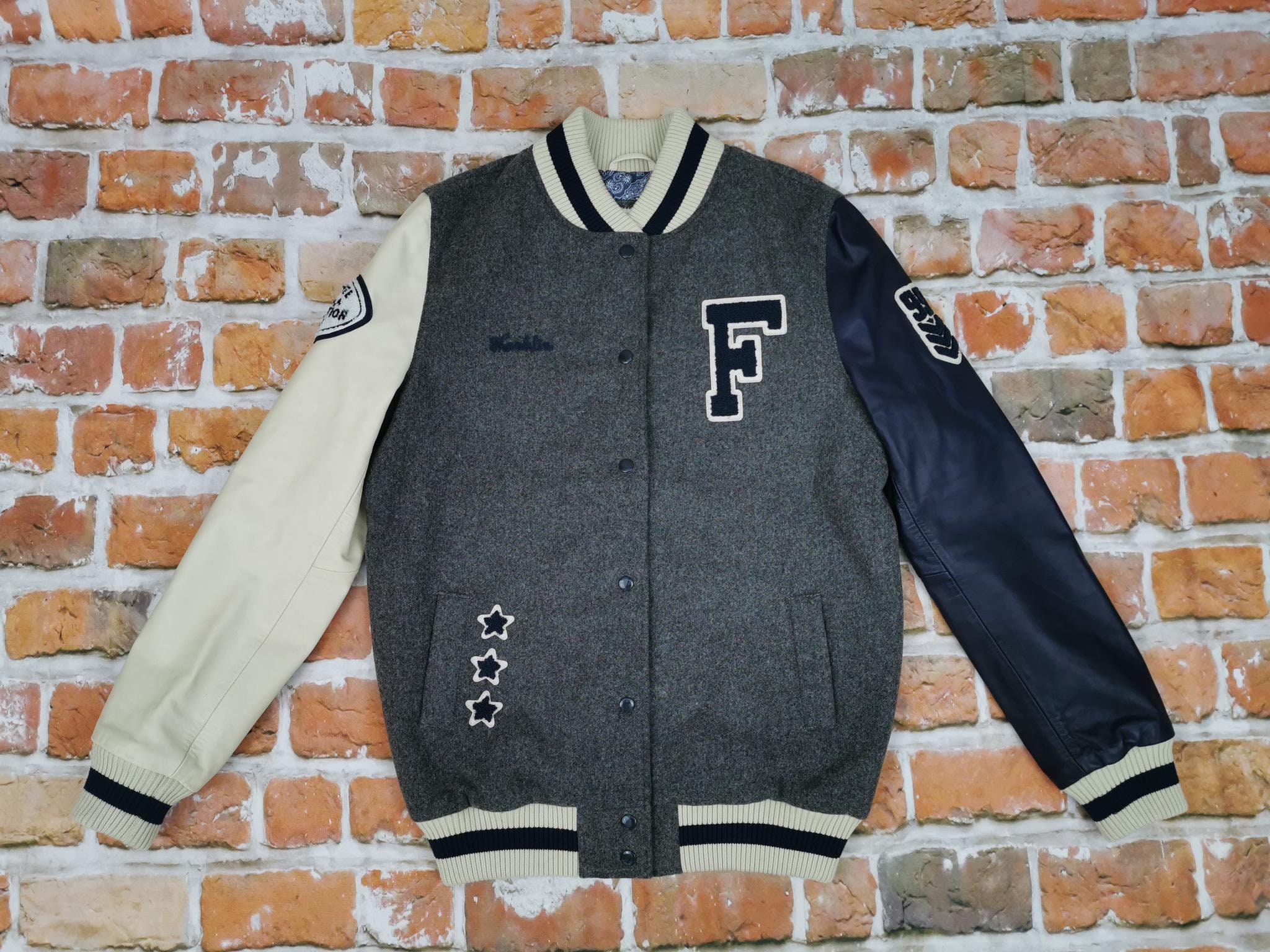 Veste Vintage Franklin & Marshall Varsity - Bleu/beige - Taille S - Cuir/polaire