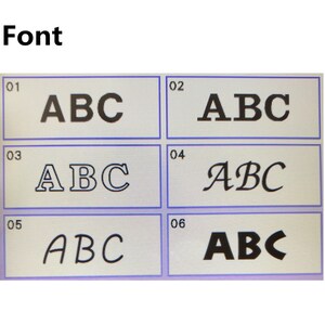 May include: A chart with six different font styles labeled 01 through 06. Each font style displays the letters "ABC".