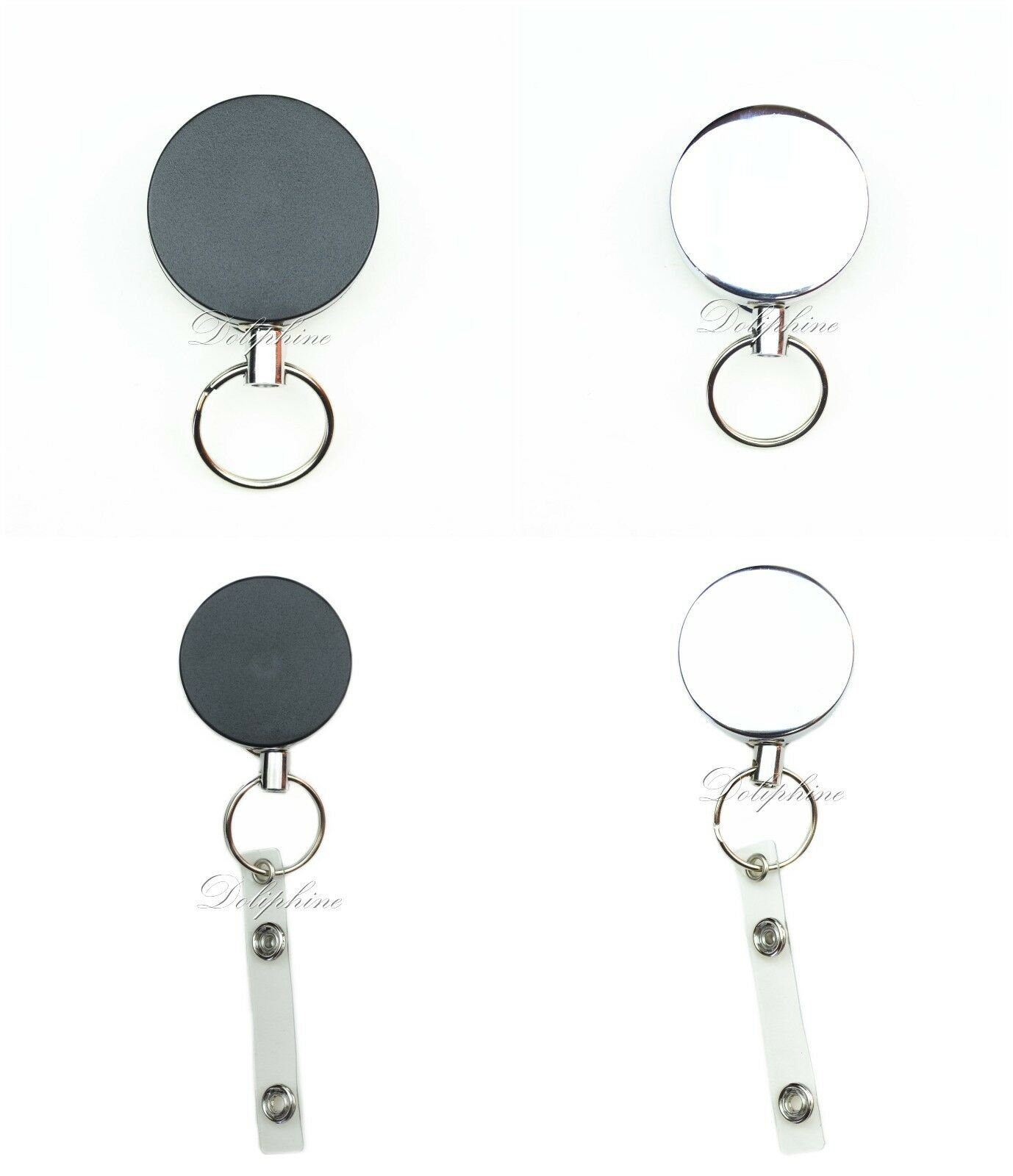 Heavy Duty 1.5 inch Diameter Metal Retractable Badge Reel Holder with Steel Cord Belt Clip and Key Ring (Silver, Black)