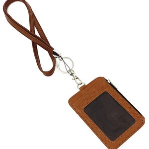 Cordón de cuero marrón para collar y billetera vertical con cremallera para identificación con 4 ranuras para tarjetas