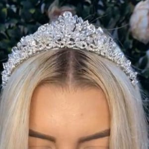May include: A silver tiara with crystal embellishments, worn on a person's head.