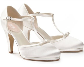 Dyeable Ivory High Heel T-Bar Court Shoes Wedding Bridal Shoes UK 6 8