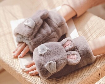 Frauen Mädchen Winter Weiche Warme Fell Fäustlinge Fingerlose Handschuhe in Grau ~ Weihnachtsgeschenk ~ Geburtstagsgeschenk