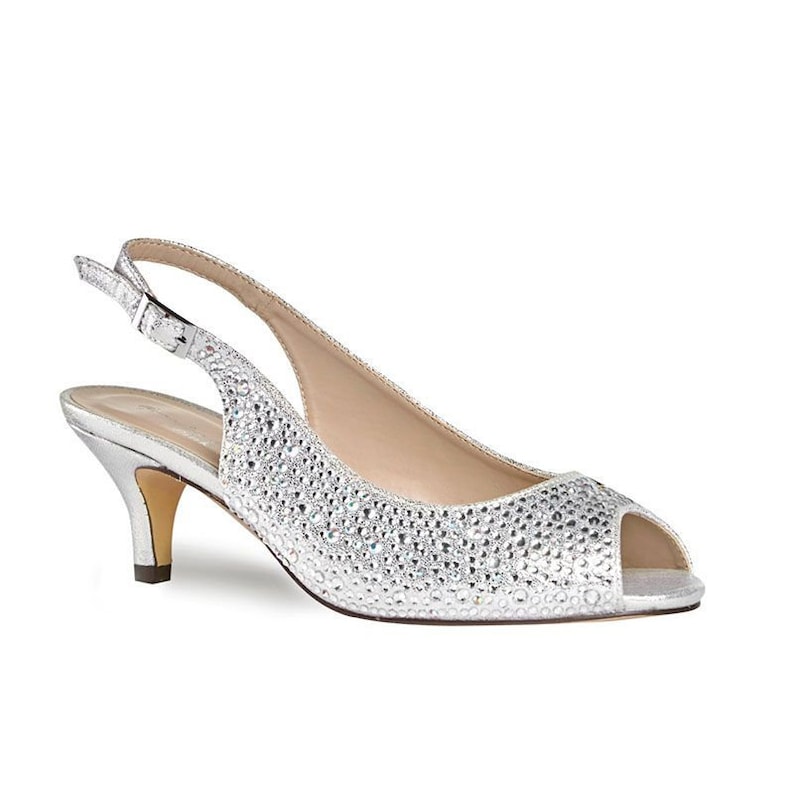 Silver Wedding Party Extra Wide Fit Mid Heel Sling Back Peep Toe Shoes ...