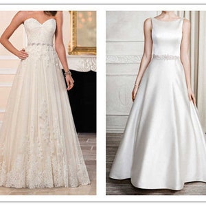May include: Four white wedding dresses with different styles. The first dress is a strapless gown with a ruched bodice and a flowing skirt. The second dress is a strapless gown with lace detailing and a beaded belt. The third dress is a simple, satin gown with a boat neckline and a beaded belt. The fourth dress is a V-neck gown with lace and a beaded belt.