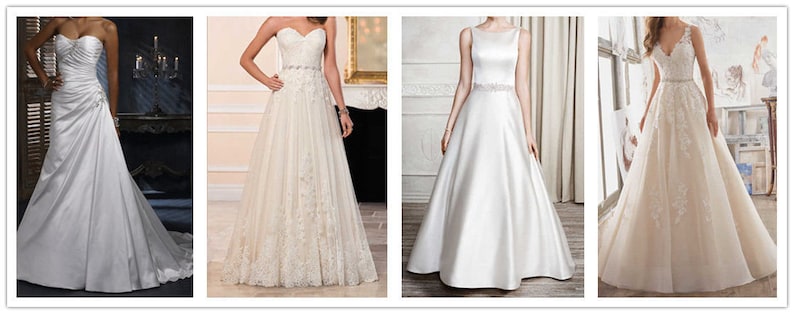 May include: Four white wedding dresses with different styles. The first dress is a strapless gown with a ruched bodice and a flowing skirt. The second dress is a strapless gown with lace detailing and a beaded belt. The third dress is a simple, satin gown with a boat neckline and a beaded belt. The fourth dress is a V-neck gown with lace and a beaded belt.