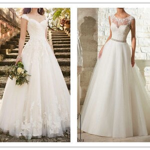 May include: Four white wedding dresses with varying designs. The dresses feature lace, tulle, and different necklines, including off-the-shoulder and strapless styles. Each gown has a full skirt, creating an elegant and romantic look.
