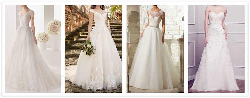 May include: Four white wedding dresses with varying designs. The dresses feature lace, tulle, and different necklines, including off-the-shoulder and strapless styles. Each gown has a full skirt, creating an elegant and romantic look.
