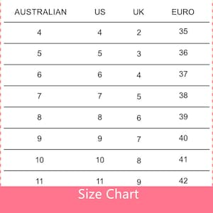 May include: A size chart for shoes, showing the conversion between Australian, US, UK, and Euro sizes. The chart lists sizes from 4 to 11.