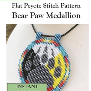 May include: A circular beaded medallion featuring a bear paw design in black, grey, white, and yellow, surrounded by a multi-colored border. The text reads Selina's BEADING, PDF Pattern, Skill level: Intermediate, Flat Peyote Stitch Pattern, Bear Paw Medallion, INSTANT DOWNLOAD.