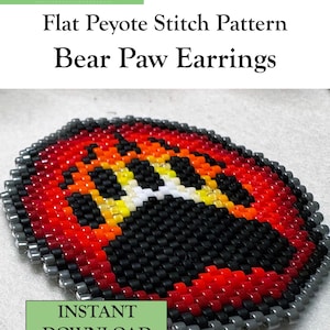 May include: A PDF pattern for flat peyote stitch bear paw earrings by Selina's Beading. The image shows a beaded bear paw design in black, red, orange, yellow, and white, with text indicating an intermediate skill level and instant download.