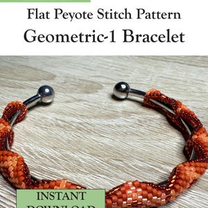 May include: A PDF pattern for a flat peyote stitch geometric-1 bracelet by Selina's Beading. The image shows a silver-toned cuff bracelet featuring a twisted, beaded design in shades of orange, peach, and dark red, with ball-end terminals.