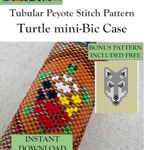 May include: A PDF pattern for a tubular peyote stitch turtle mini-Bic case by Selina's Beading. The document features text, a graphic of a beaded turtle design, and a bonus wolf pattern. It is labeled as an intermediate skill level.