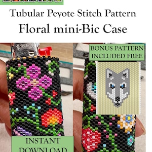 Może przedstawiać: Wzór PDF na etui do mini zapalniczki Bic wykonane ściegiem peyote od Selina's Beading. Projekt posiada czarne tło z kolorowymi motywami kwiatowymi. Dodatkowy wzór bonusowy przedstawiający głowę szarego wilka jest zawarty w pliku do pobrania.