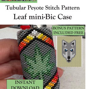Pode incluir: Um padrão de missangas em ponto peyote tubular para uma capa de isqueiro mini-Bic com um design de folha verde sobre fundo cinzento com detalhes em vermelho, laranja e amarelo. O PDF inclui um padrão bónus de lobo e instruções.