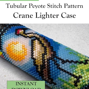 May include: A tubular peyote stitch pattern for a crane lighter case by Selina's Beading. The design features a crane with black, white, and brown beads against a blue sky and a bright yellow sun. Text includes PDF Pattern, Skill level: Intermediate, and INSTANT DOWNLOAD.