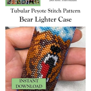 May include: A beaded lighter case featuring a bear design, created using a tubular peyote stitch pattern. The case is primarily brown, with accents of red, black, white, and blue. The image includes the text "INSTANT DOWNLOAD" and "PDF Pattern".