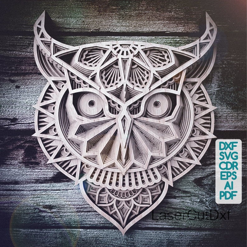 Download Craft Supplies Tools Kits How To Dxf Svg Cdr Ai Eps Pdf Vector Cricut Pattern Owl Gifts Multilayer Mandala 3d Geometric Digital Files Owl Svg Mandala For Laser Cut