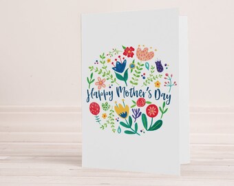 Printable Mother's Day 5"x7" Greeting Card, Colorful Gouache Flowers, Instant Download