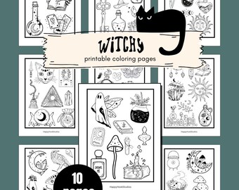 May include: A collection of ten printable coloring pages with witchy-themed illustrations. The pages feature various mystical elements, including tarot cards, potion bottles, cats, mushrooms, and moons. The text "Witchy printable coloring pages" is displayed.