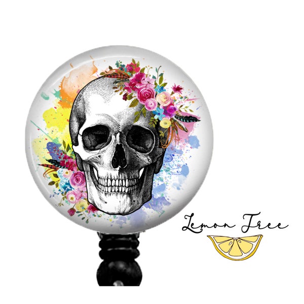 Funny Skull Badge Reel - Retractable Badge Holder - Lanyard - Carabiner - Stethoscope Name Tag - Nurse Gift