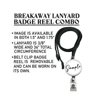 May include: Black breakaway lanyard with a 3/8 inch wide strap and a 36 inch total circumference. The lanyard is attached to a retractable badge reel with a white round badge holder that says "Sample". The badge reel can be removed and worn separately.