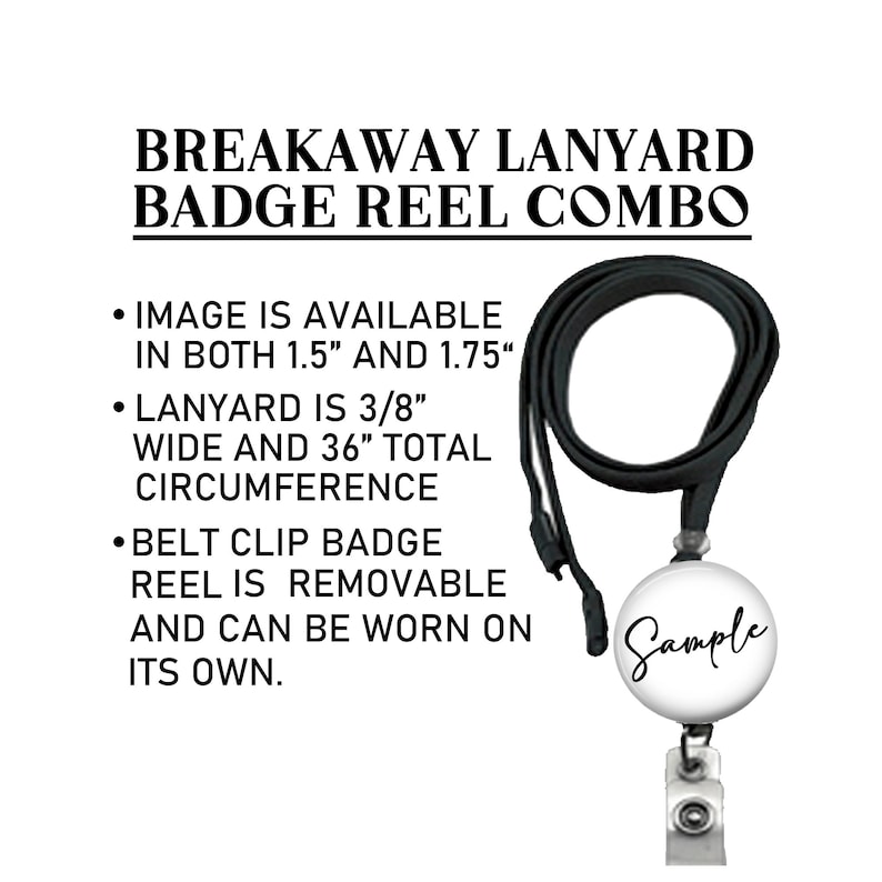 May include: Black breakaway lanyard with a 3/8 inch wide strap and a 36 inch total circumference. The lanyard is attached to a retractable badge reel with a white round badge holder that says "Sample". The badge reel can be removed and worn separately.