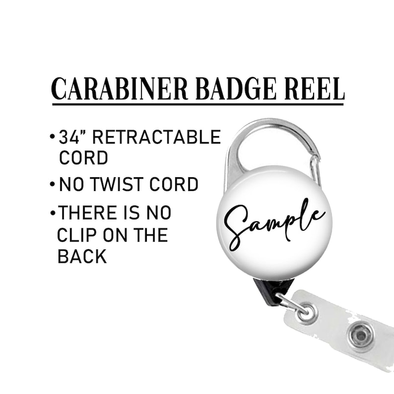 May include: A silver carabiner badge reel with a white round button that says "Sample" in black cursive writing. The reel has a 34-inch retractable cord and a white plastic strap with a clear plastic button.
