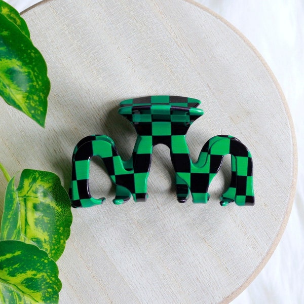 Large Green Checkered Wavy Hair Clips, Glossy Hair Claw, Acrylic Hair Clip, Hair Accessories for Her, Acetate Hair Claw Perfect Gift